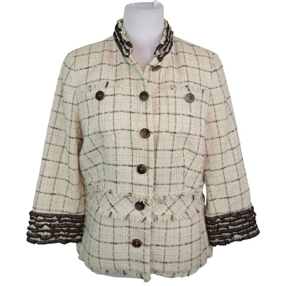 DONCASTER Ruffle Fringe Tweed Jacket Cotton Linen Blend Women’s Size 12 - Picture 7 of 13